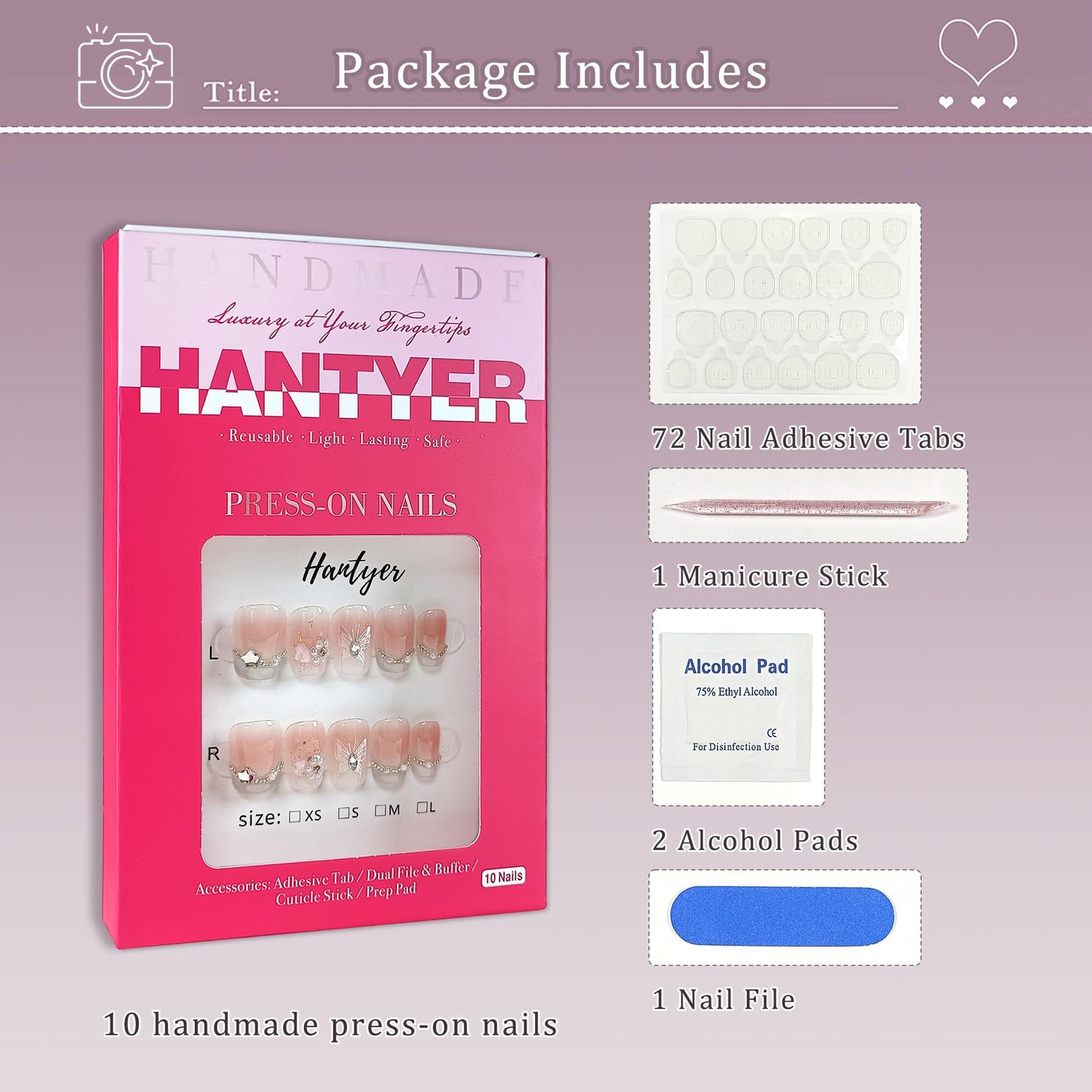Hantyer Handmade Press On Nails Short Square,Acrylic French Crystal Cat Eye & Chain Pearl Butterfly Design Fake Nails,Cute Korean Pink False Nails 10PCS with Tools Kit for Women Daily (Size S)
