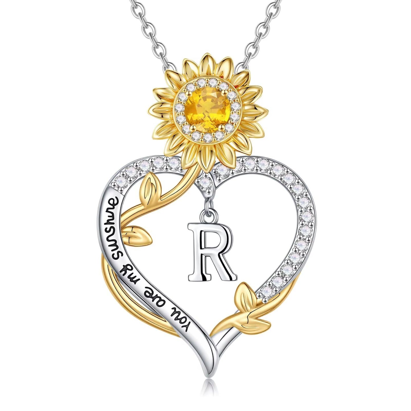 MONOOC Sunflower Initial Necklaces for Women - 14K-White-Gold-Plated Sunflower Gifts for Woman Initial Letter R Necklace Anniversary Birthday Gifts for Women Wife Mom Friends Jewelry Gift
