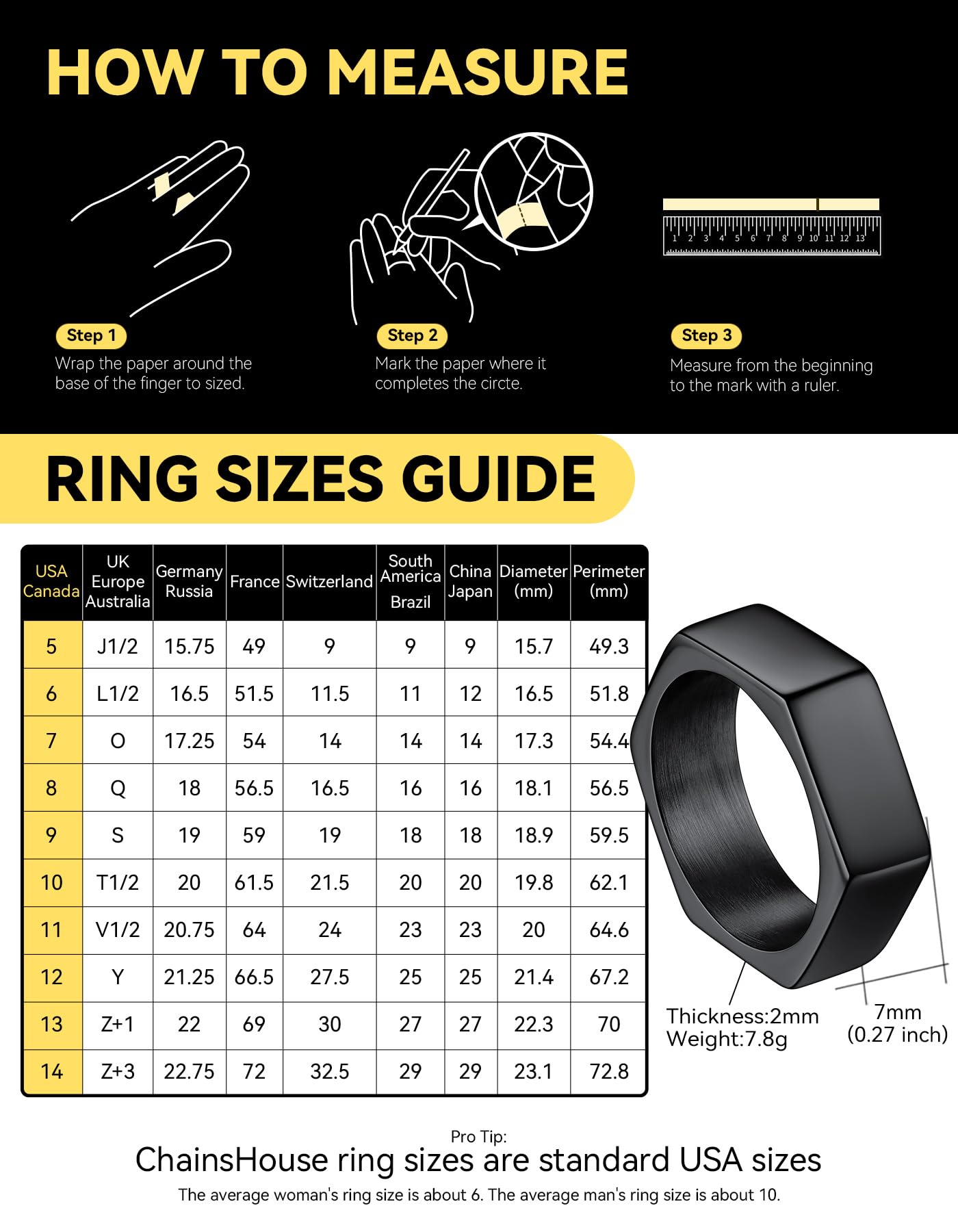 ChainsHouse Black Biker Ring Stainless Steel Jewelry Size 9 Punk Hexagon Geometric Band Rings