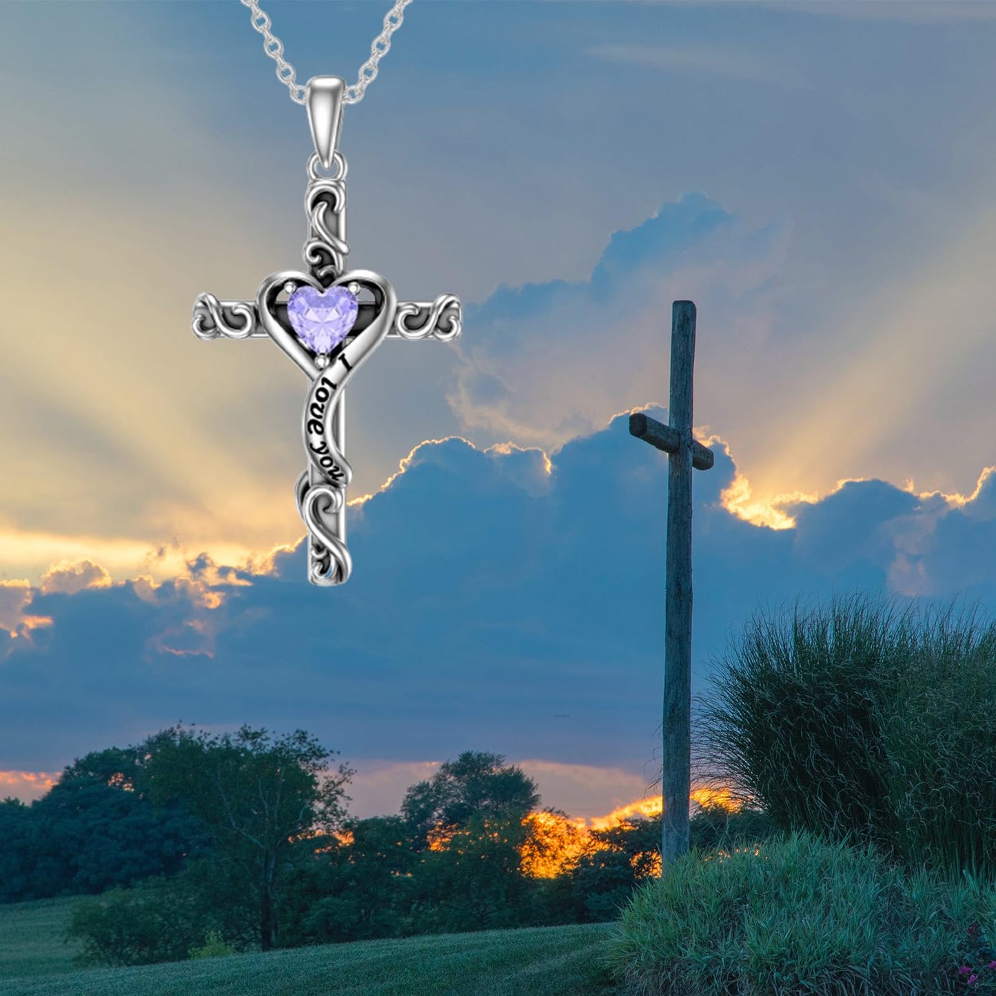 TOUPOP Alexandrite Cross Necklace for Women Sterling Silver June Birthstone Cross Pendant Necklace Heart Love Jewelry for Her Girlfriend Wife Mom Anniversary Birthday Mothers Day Gifts