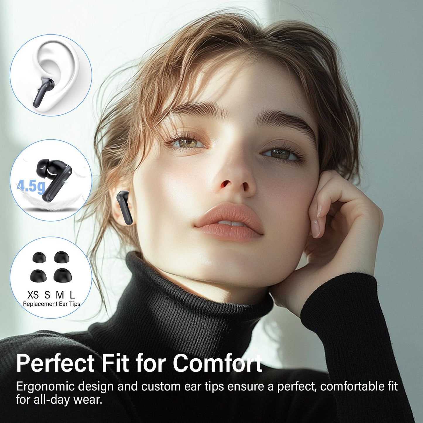 Hybrid Active Noise Canceling Wireless Earbuds, 6 Mics ENC Clear Call Ear Buds, Hi-Res Audio Deep Bass Bluetooth 5.4 Headphones, 49H Playtime, IP7, 8 EQ Modes, Wireless Charging, Multipoint Connection