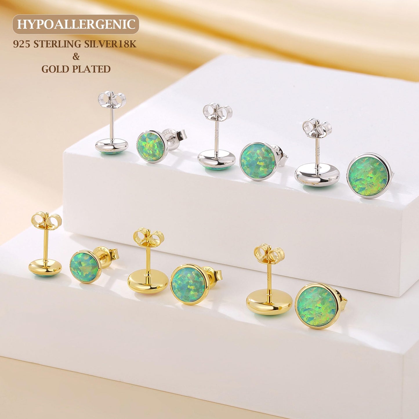JiayangJY Silver Green Fire Opal Stud Earrings for Women 18K Yellow Gold Plated Sterling Silver Round Shape 7mm Opal Earrings with Push Back