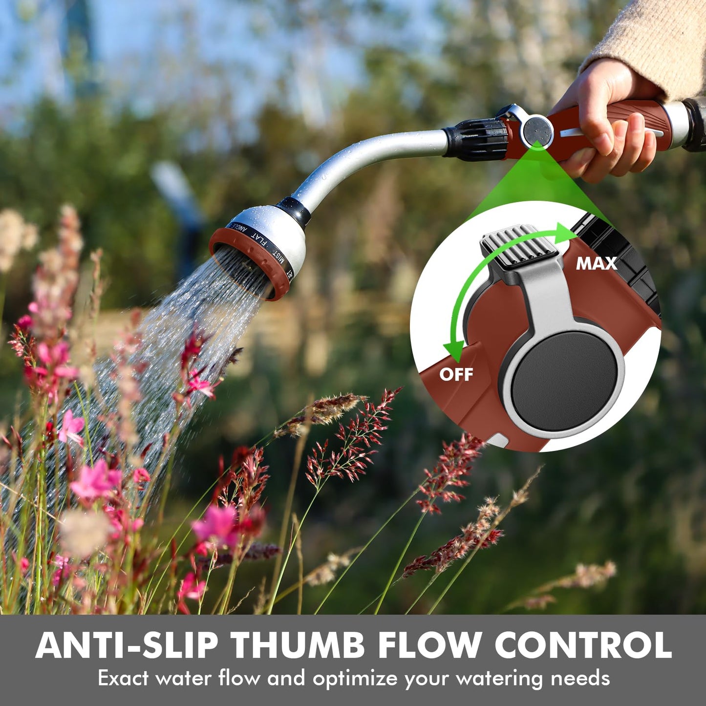 RESTMO Watering Wand Heavy Duty, Metal Garden Hose Wand with 10 Spray Patterns, 15-Inch Long Hose Nozzle Sprayer with Thumb Flow Control, Ideal to Water Hanging Baskets and Shrubs, Red