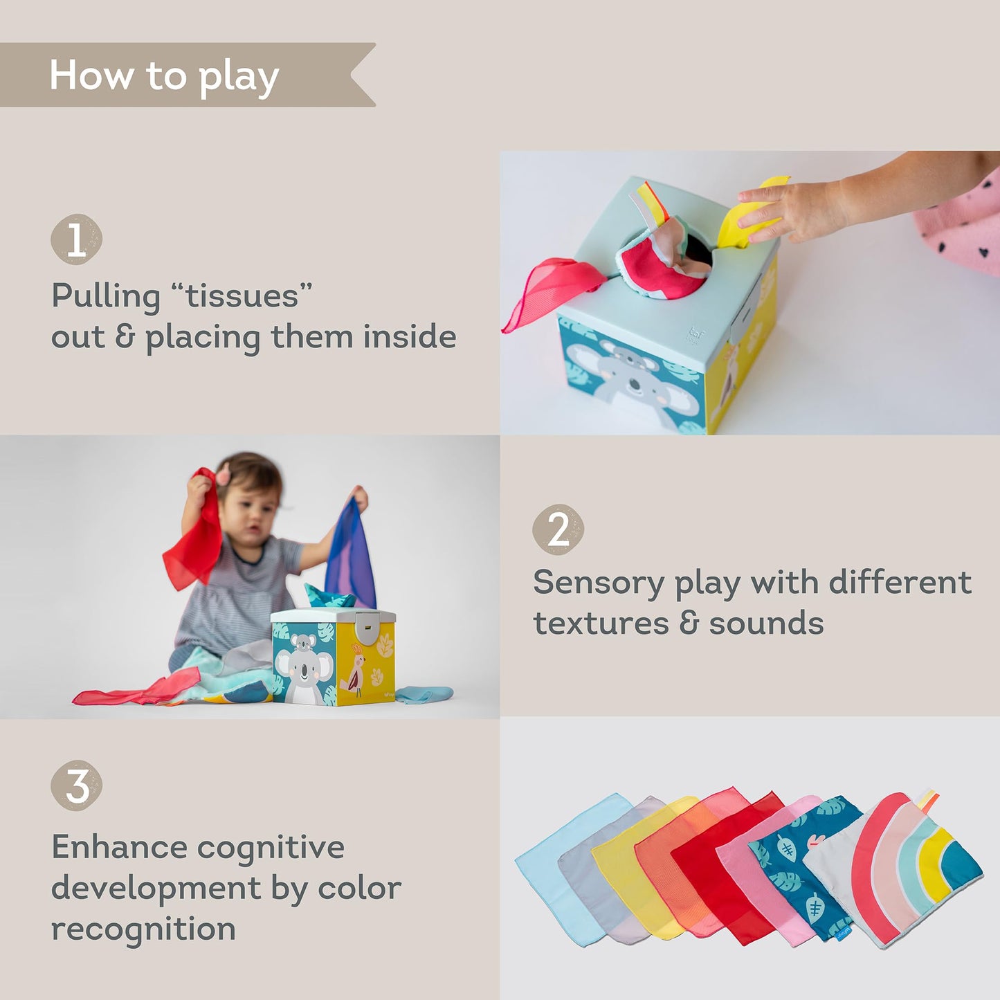Taf Toys Sensory Crinkle Tissue Box for Toddlers. STEM Montessori Toy with Colorful Soft Scarves and Crinkling Blankies