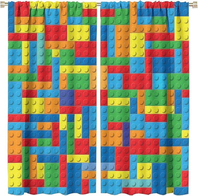 Colorful Building Block Toy Printed Curtains, Building Blocks, Curtains, Fun Brick 3D Design, Kids, Teens, Girls, Boys, Living Room, Bedroom, Window Treatment Panels, 2 Panels 42x45in