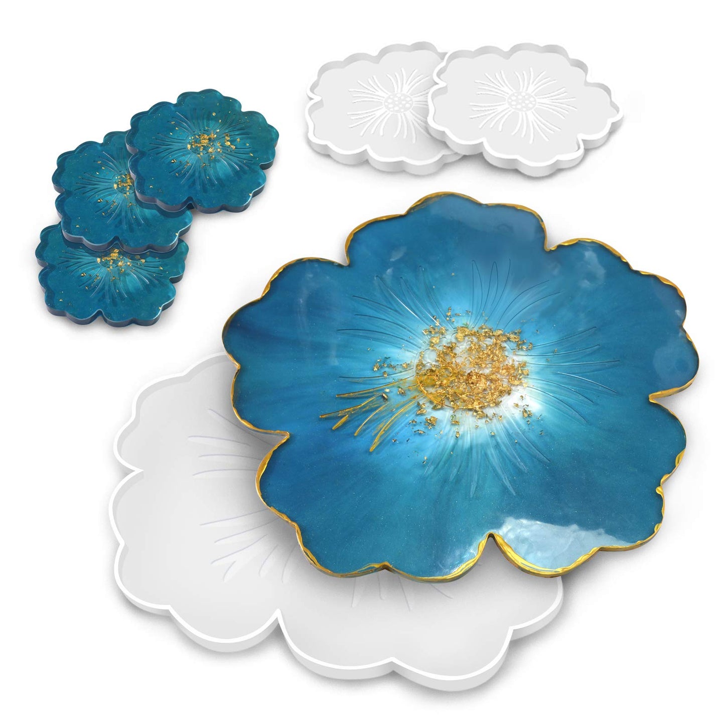 Panamalar Silicone Resin Molds, 1PCS Large Resin Tray Mold and 5PCS Coaster Molds for Resin Casting, Flower Shape Epoxy Resin Casting Molds for DIY, Home Decoration, Table Wine Tray-6 PCS