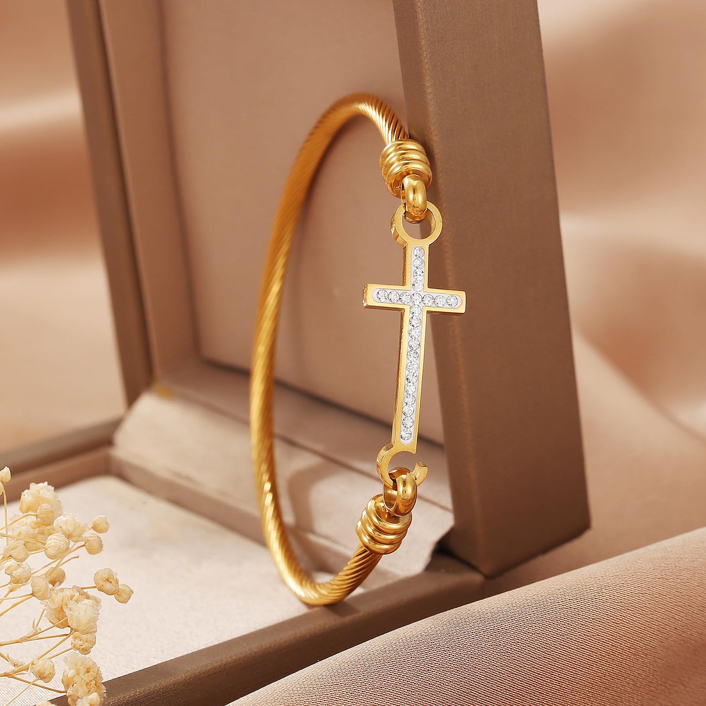 DS Religious Gift for Her Christian Cross Bracelet Bible Verse God is Within Her She Will Not Fall Inspirational Bracelets For Women Stainless Steel Jewelry Gift To Daughter Best Friend (Cross bracelet-Gold 11)