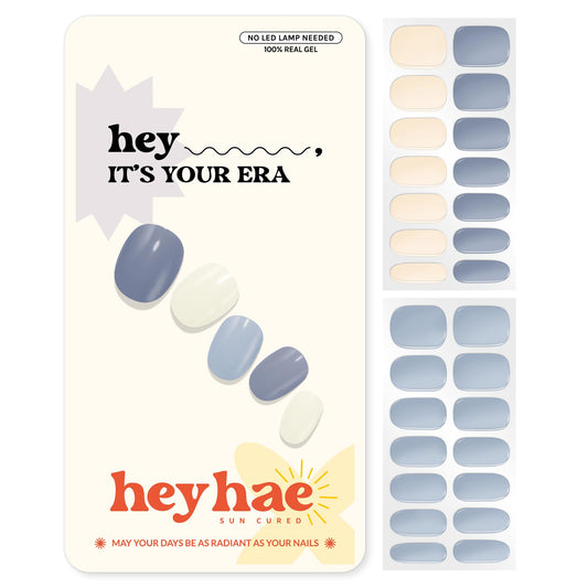 Heyhae Semi Cured Gel Nail Strips | No LED Lamp Needed | Solid, Blue, Spring | Easy Apply & Remove, Salon Quality | Includes 28 Strips, 1 Prep Pads, Nail File & Wooden stick - Hey, It's Your Era