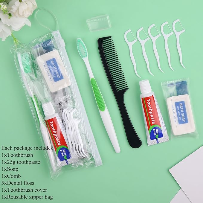 5 Set Personal Care Travel Toiletries Sets Bulk,7-in-1 Disposable Toothbrushes with Toothpaste and Floss,Comb,Soap,Cover,Zip Bag Toiletry Travel Toothbrush Kit for Homeless,Hotel,Charity
