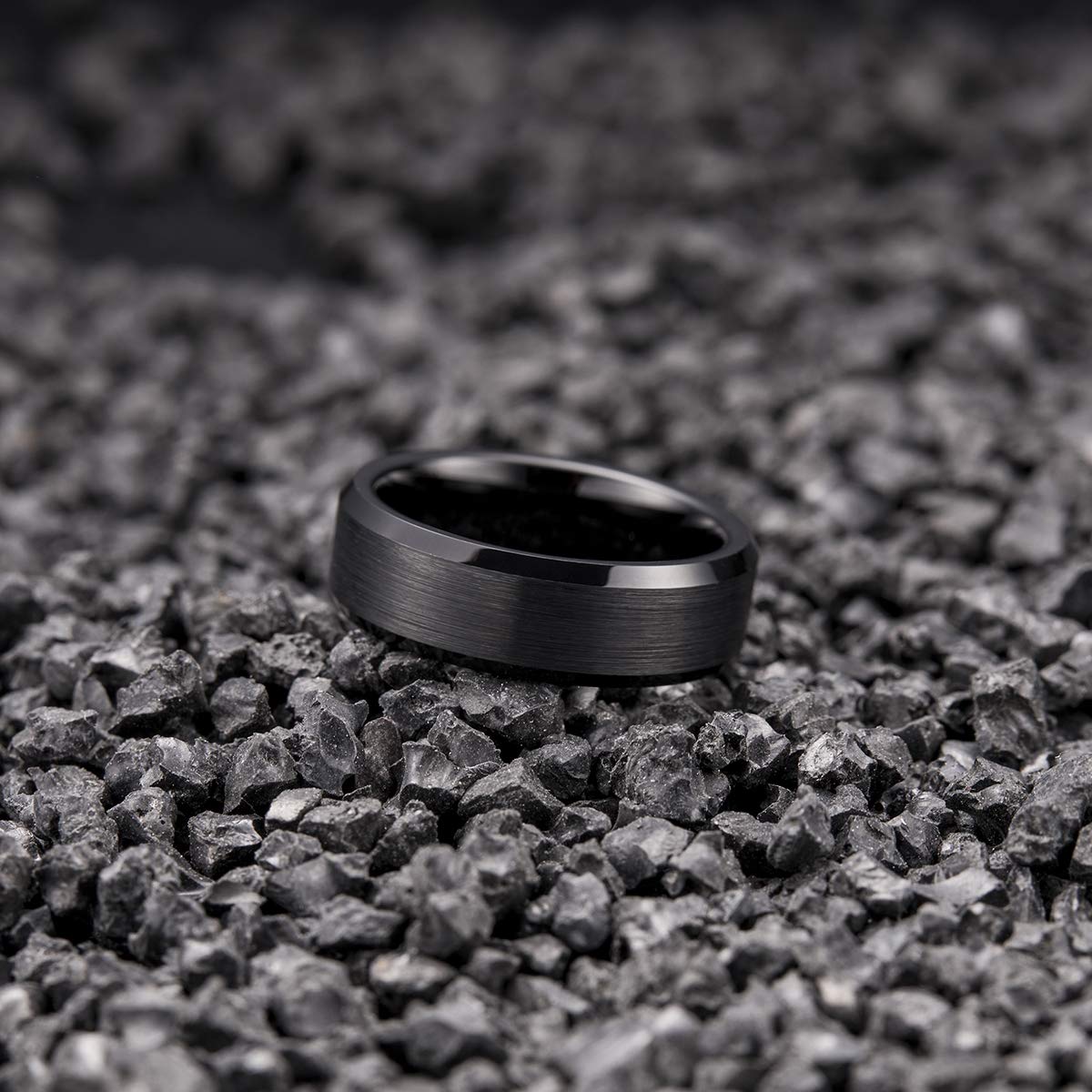 King Will 7mm Men's Black Wedding Ring - Brushed Matte Surface, Beveled Polished Edge, Comfort Fit Size 8