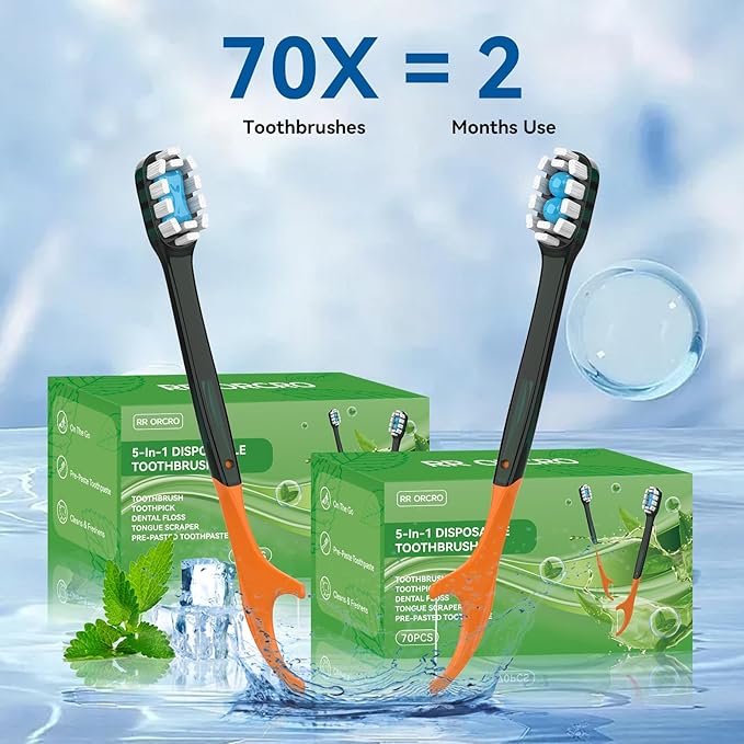 70Pack Disposable Toothbrush with Toothpaste All-in-One Oral Care Prepasted Individually Wrapped 5-in-1 Mini Toothbrush with Toothpick, Flosser, Tongue Cleaner, Perfect for Travel & On-The-Go (70P)