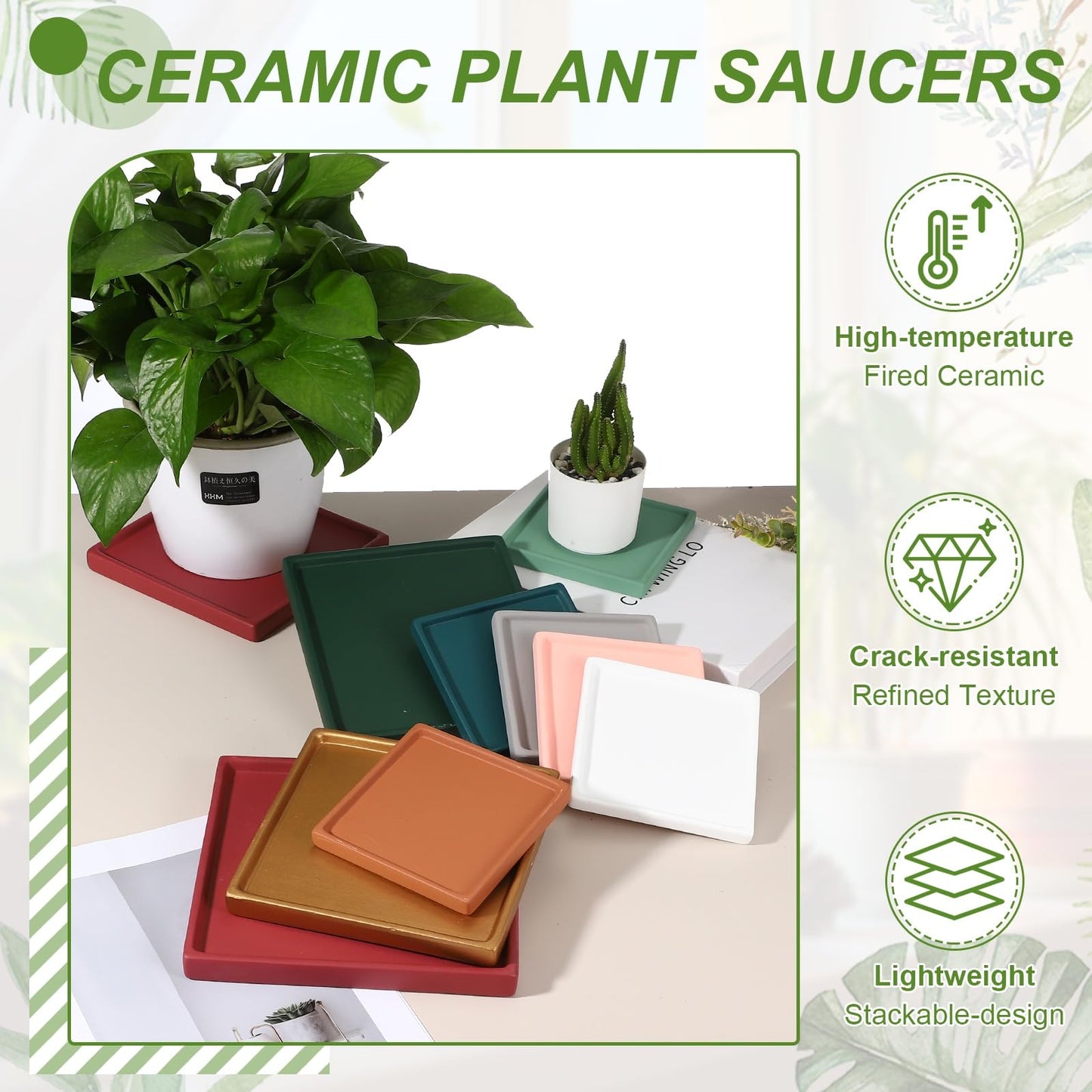 YELARXI 7.5 Inch Ceramic Plant Saucers, Square Flower Planter Water Trays Ceramic Plant Saucer Pot Tray -Fitting for (Outdoor/Indoors/Garden/Planting/Water/Flower/Coffee) Light Gray