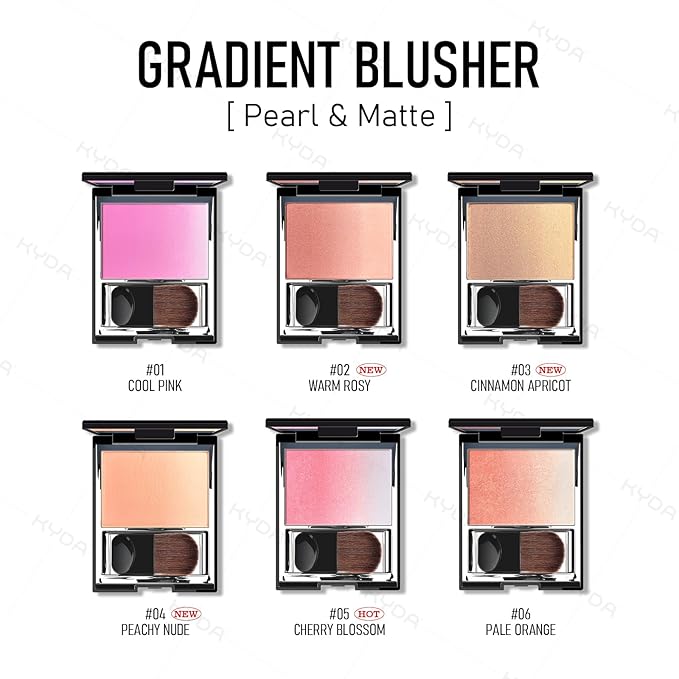 KYDA Peach Matte Gradient Blush, Gradient Light Apricot Peach Color, Ultra-fine Matte Powder Blush, Soft Buildable Cheek Color, Lightweight Smooth, Multiuse Blusher Compact