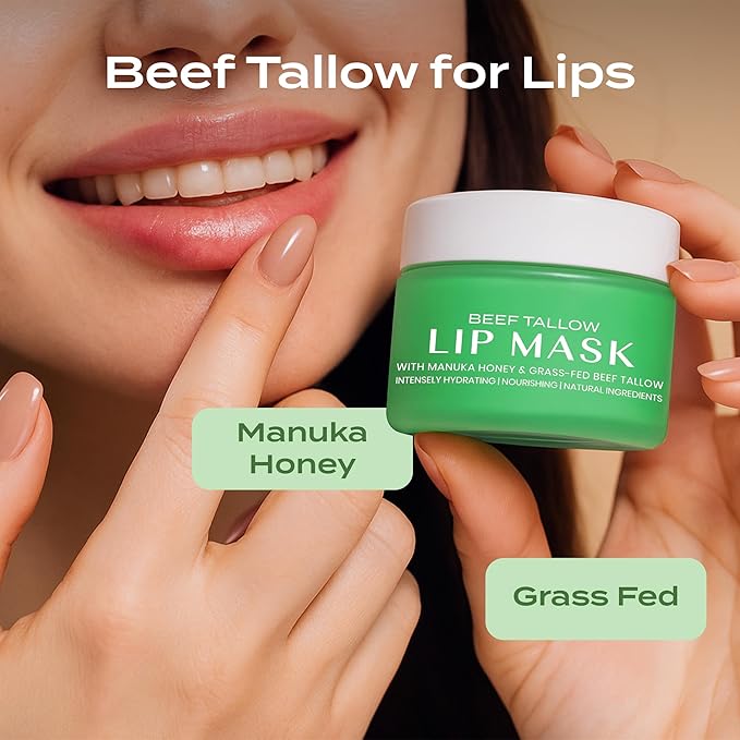 Body Restore Grass Fed Beef Tallow Lip Mask, with Manuka Honey – Christmas Stocking Stuffers, White Elephant, Hydrating Moisture, Travel Essentials, Self Care, Birthday Gifts for Women, Men – Bergamot