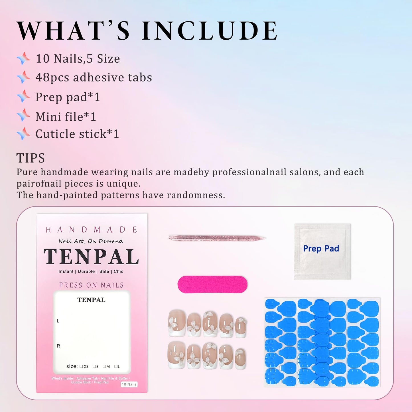 TENPAL 10Pcs Handmade Press On Nails Medium With Tools,Nude White French Tip Coffin Fake Nails with Designs,Hand-Painted White Floral Sculpted Salon Acrylic Glue on Nails for Wedding Party Daily(S)