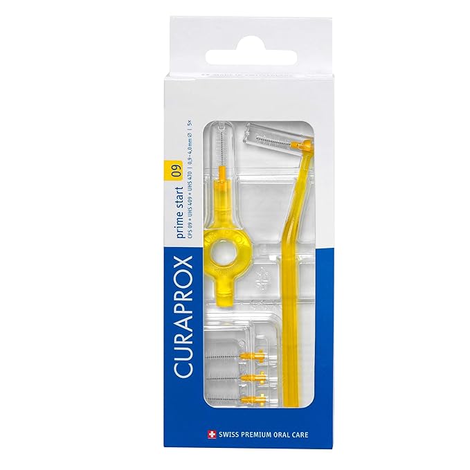 Curaprox CPS 09 Prime Start Interdental Brushes Set, 5 Interdental Brushes CPS 09 + 1 UHS 409 Holder + 1 UHS 470 Holder, 0.9 mm Diameter, 4 mm Effectiveness, Yellow