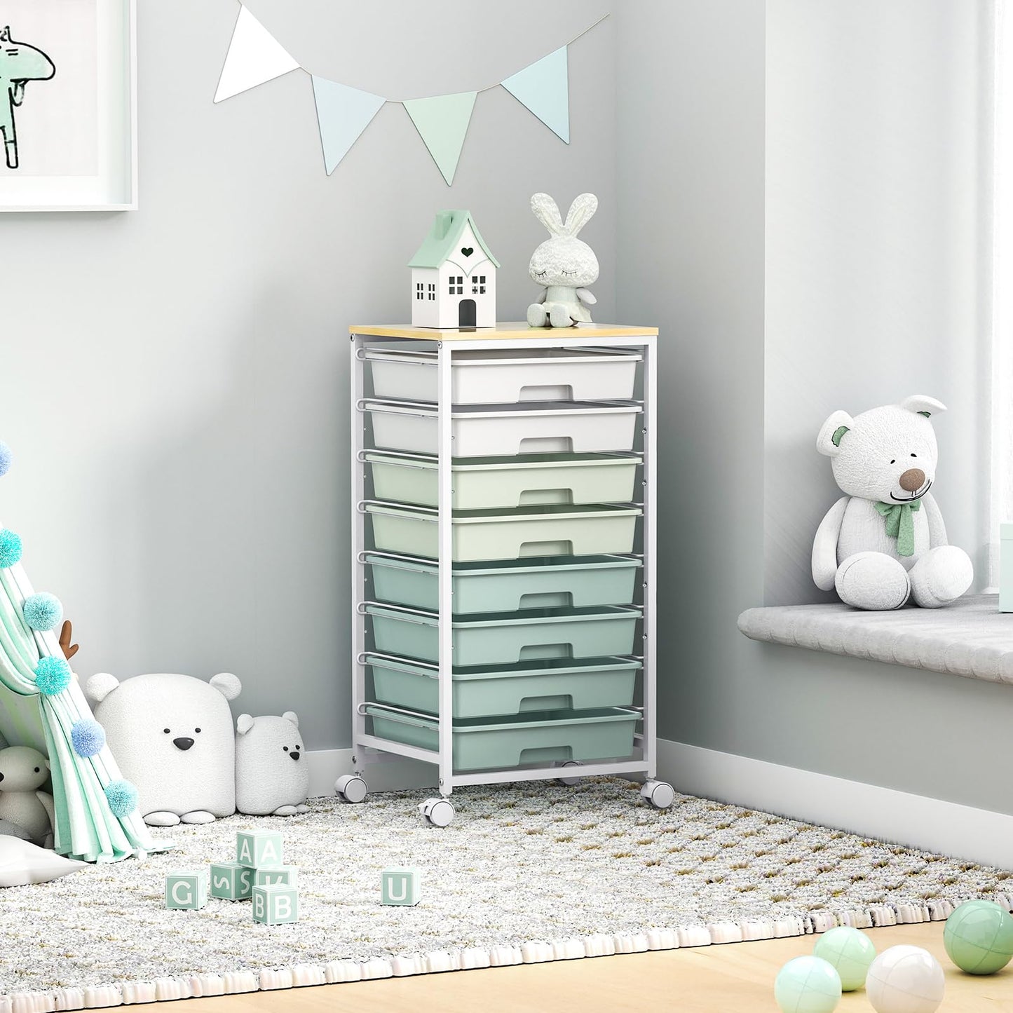 Rolling Storage Utility Cart Organizers with 8 Drawers and Wooden Tabletop for Living Room,Office,Classroom,Craft Room,Bedroom,Dorm,Green