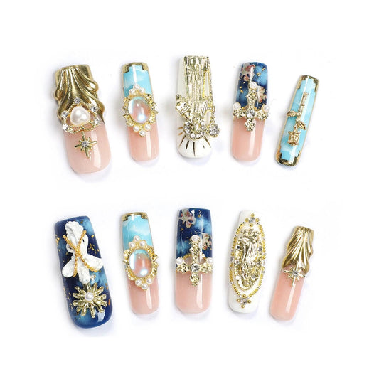 Handmade 3D Green-Pink-Gold Royal Retro Gem Square Press On Nails, Luxury Rhinestone Noble Style Artisan Nails Set, Reusable Glossy Press-ons with Tool Kit(S)