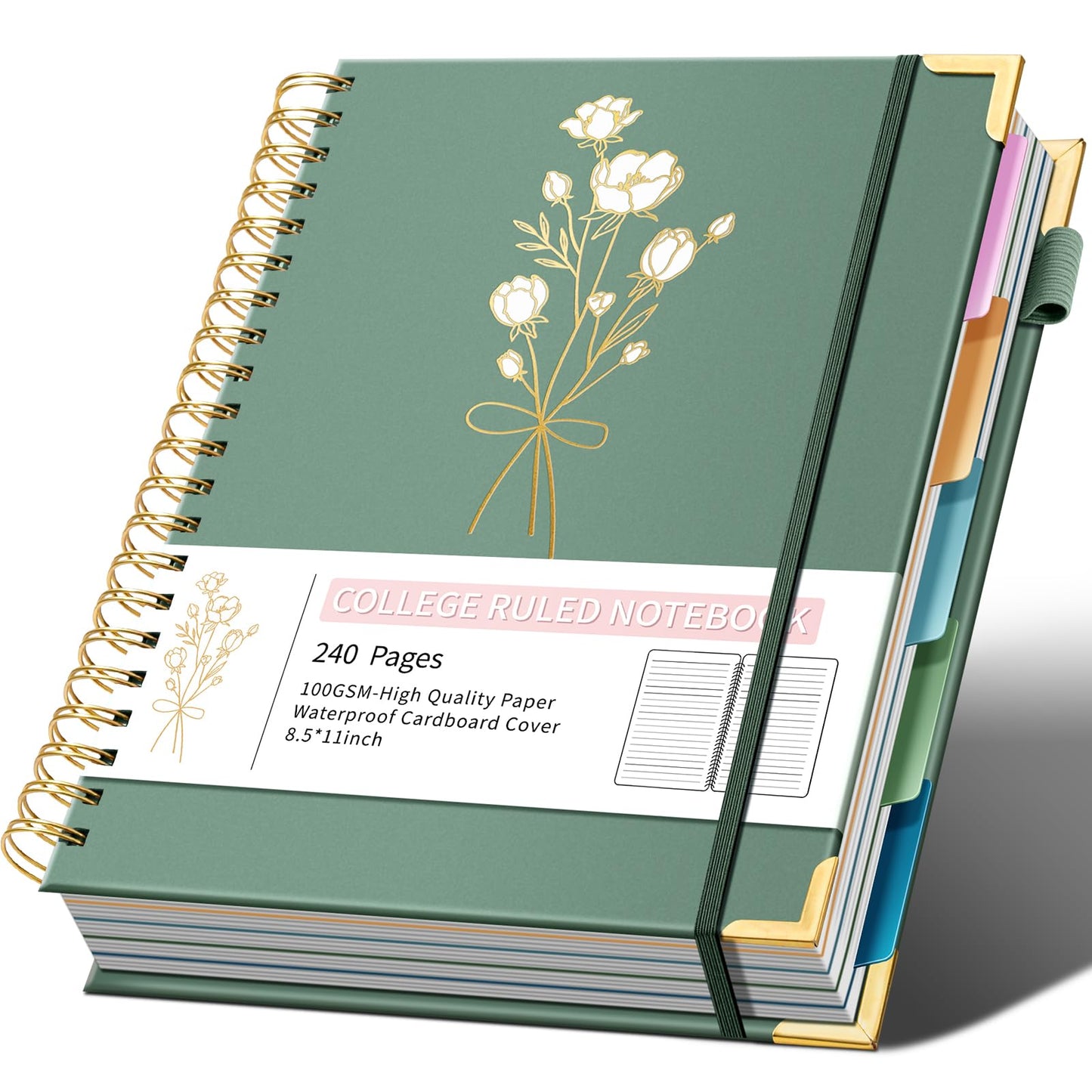 Hardcover Spiral Notebooks 8.5" X 11" Note Taking 5 Subject Notebook College Ruled with Dividers 240 Pages 100GSM Aesthetic Spiral Notebook for Work School Cute Journals for Women Writing