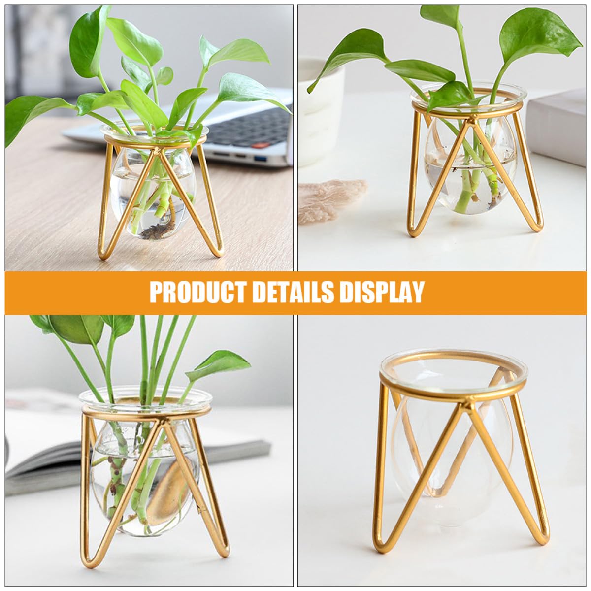 Zerodeko Glass Flower Vase with Metal Stand, Short Gold Hydroponic Plant Holder for Desktop Terrarium and Propagation, Glass Plant Pot for Home and Office Décor