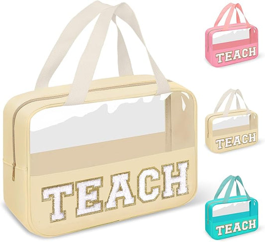 izuzta Teacher Appreciation Gifts TEACH Chenille Letter Clear Makeup Bag Pouch, Monogram Teacher Supplies Zipper with Handle Travel Cosmetic Bag Graduation Retirement Gifts for Women(TEACH-Beige)