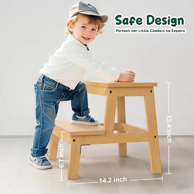 Bamboo 2 Step Stool for Kids & Adults, Wooden Kids Step Stool for Bathroom & Kitchen, Bed Steps for High Beds, Portable with Handle, Non-Slip & 350 Ibs Capacity