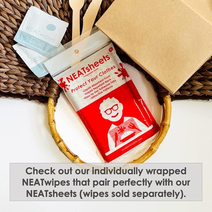 Disposable Bibs for Adults, Kids & Seniors | Adhesive Tab Napkins for Eating, Personal Use, Travel & Commuting | Spill Absorbent, Stain/Liquid Repellent | Grey Dot, 4 Count