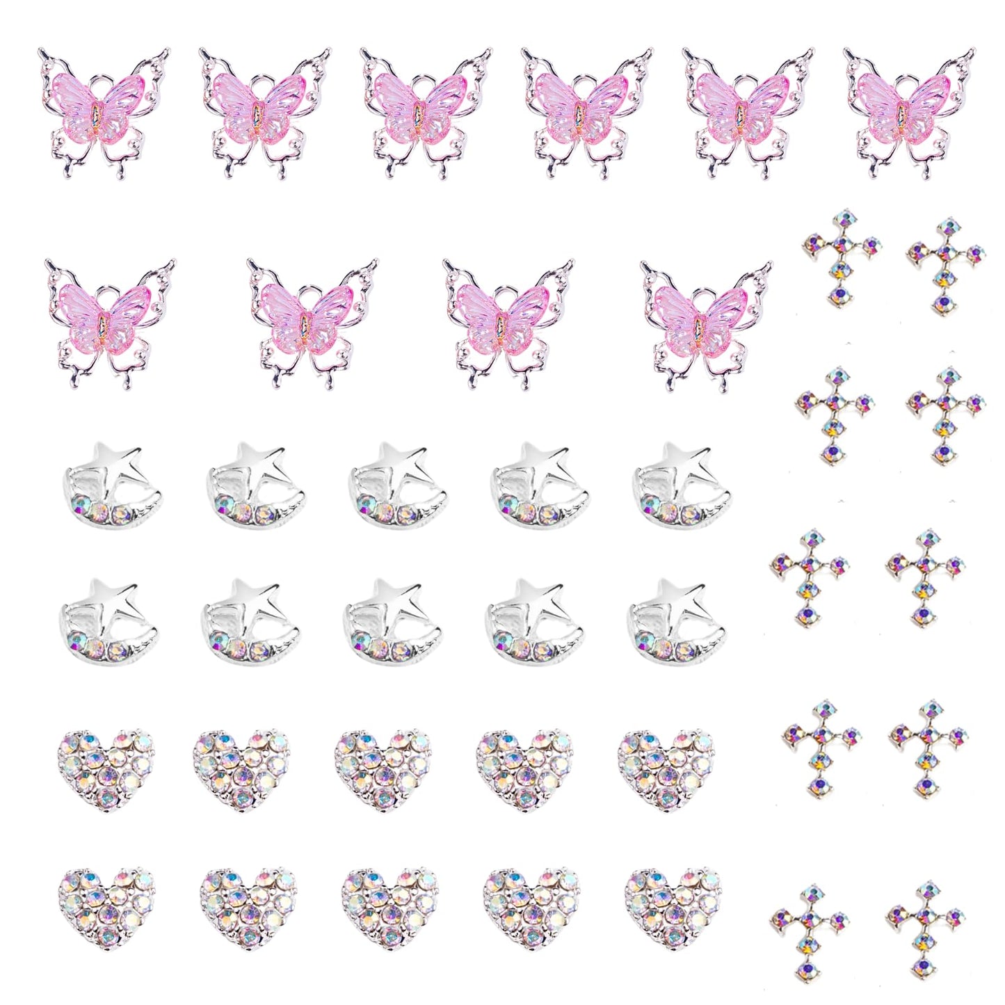 Bling Nail Charms Pink 3D Nail Charms and Gems Aurora Butterfly Cute Silver Cross Star Charms Chrome Heart Silver Y2K Nail Gems with Rhinestones Metallic Nail Art Accessories