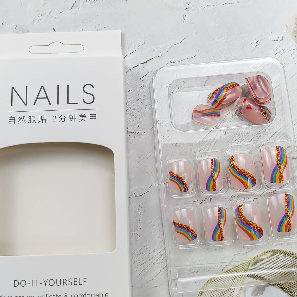 24Pcs Press on Nails Short, Rainbow Fake Nails Square, Glitter Press on Acrylic French False Nails Tips with Design, Colorful Stripes Heart Glossy Artificial Nails Gay Pride Stick On Nail
