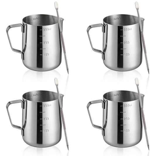 4 Pcs Stainless Steel Espresso Milk Frothing Pitcher Set with Latte Art Pen, 12 oz Milk Frother Cup, Frothing Cup for Cappuccino, Latte, Home & Cafe Use