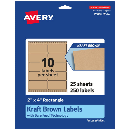 Avery Kraft Brown Rectangle Labels, Sure Feed Technology, 2" x 4", 250 Kraft Brown Labels, Laser/Inkjet Printable