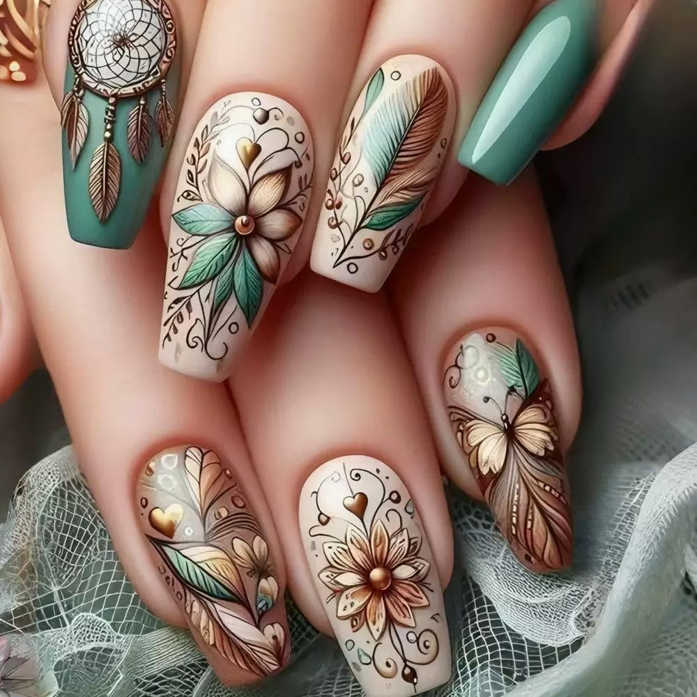 CTTHNBD Yellow French Tip Press on Nails Long - Square Fake Nails with Starfish Design - Glossy Stick on False Nails for Women 24 Pcs