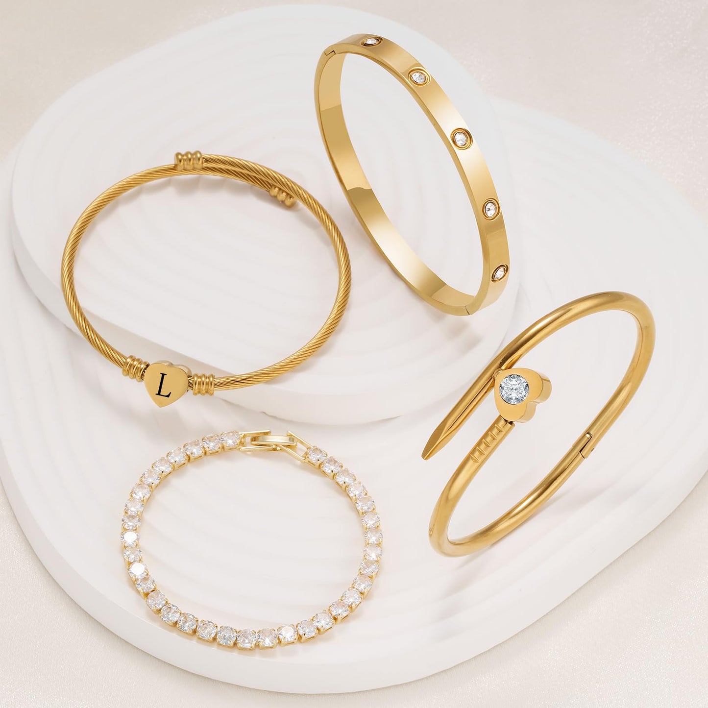 MEIERYA18K Gold Plated Nail love Bangle Bracelet Set for Women,Cubic Zirconia,Adjustable tennis bracelet Trendy Gift Jewelry for Mother's Day Anniversary (10-Style-L)
