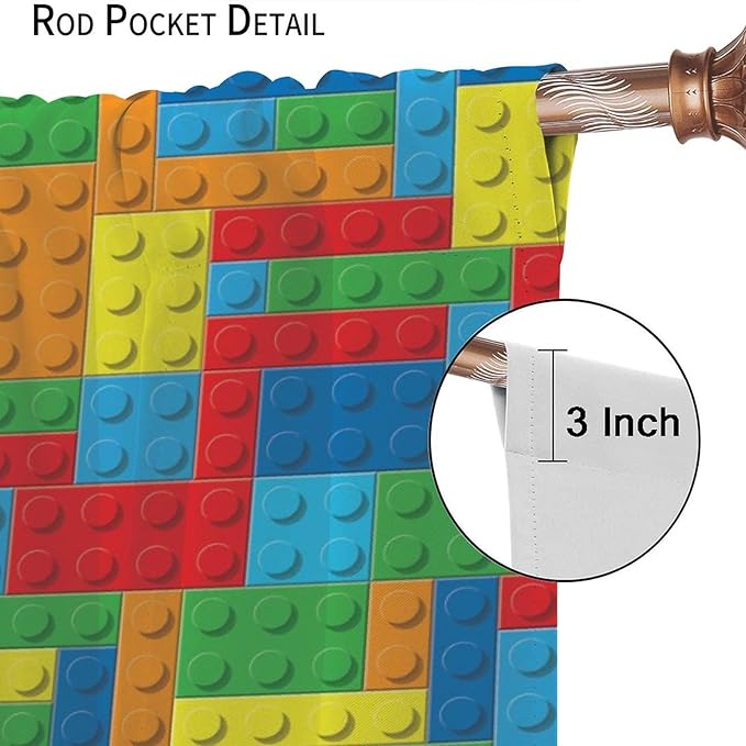 Colorful Building Block Toy Printed Curtains, Building Blocks, Curtains, Fun Brick 3D Design, Kids, Teens, Girls, Boys, Living Room, Bedroom, Window Treatment Panels, 2 Panels 84x84in