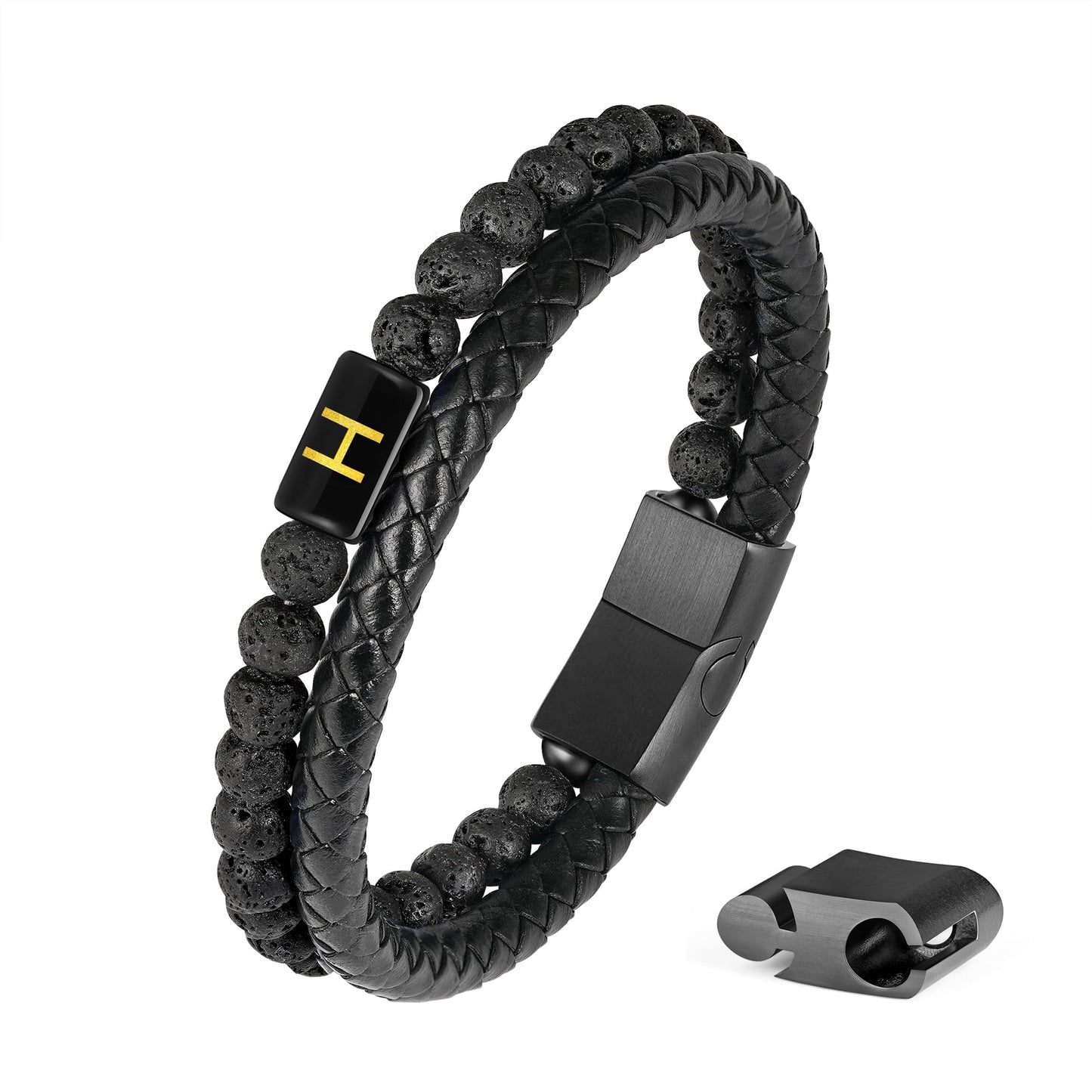 Bracelets for Men - Men Gifts Lava Rock Bead Magnetic Clasp Black Mens Leather Bracelet with Initial Black Mens Leather Bracelets Initial H Bracelet for Men's Jewelry Men's Gifts for Dad Husband Him