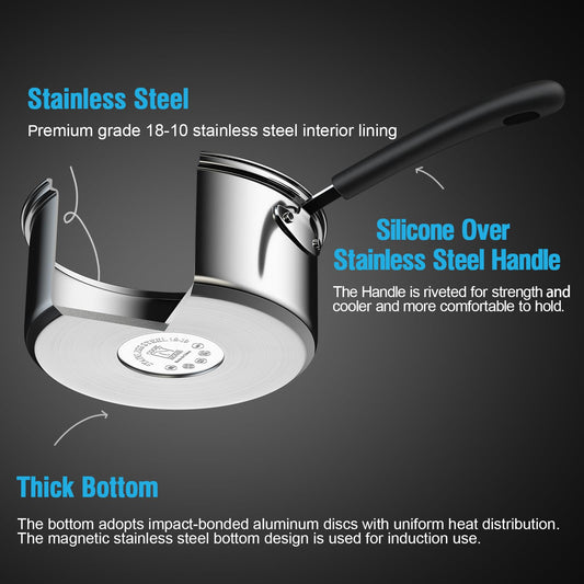 Cook N Home 02655 Professional Double Boiler Saucepan 2-Quart, 18-10 Stainless Steel Steam Melting Pot for Butter Chocolate Cheese, Tempered Glass Lid, Silver