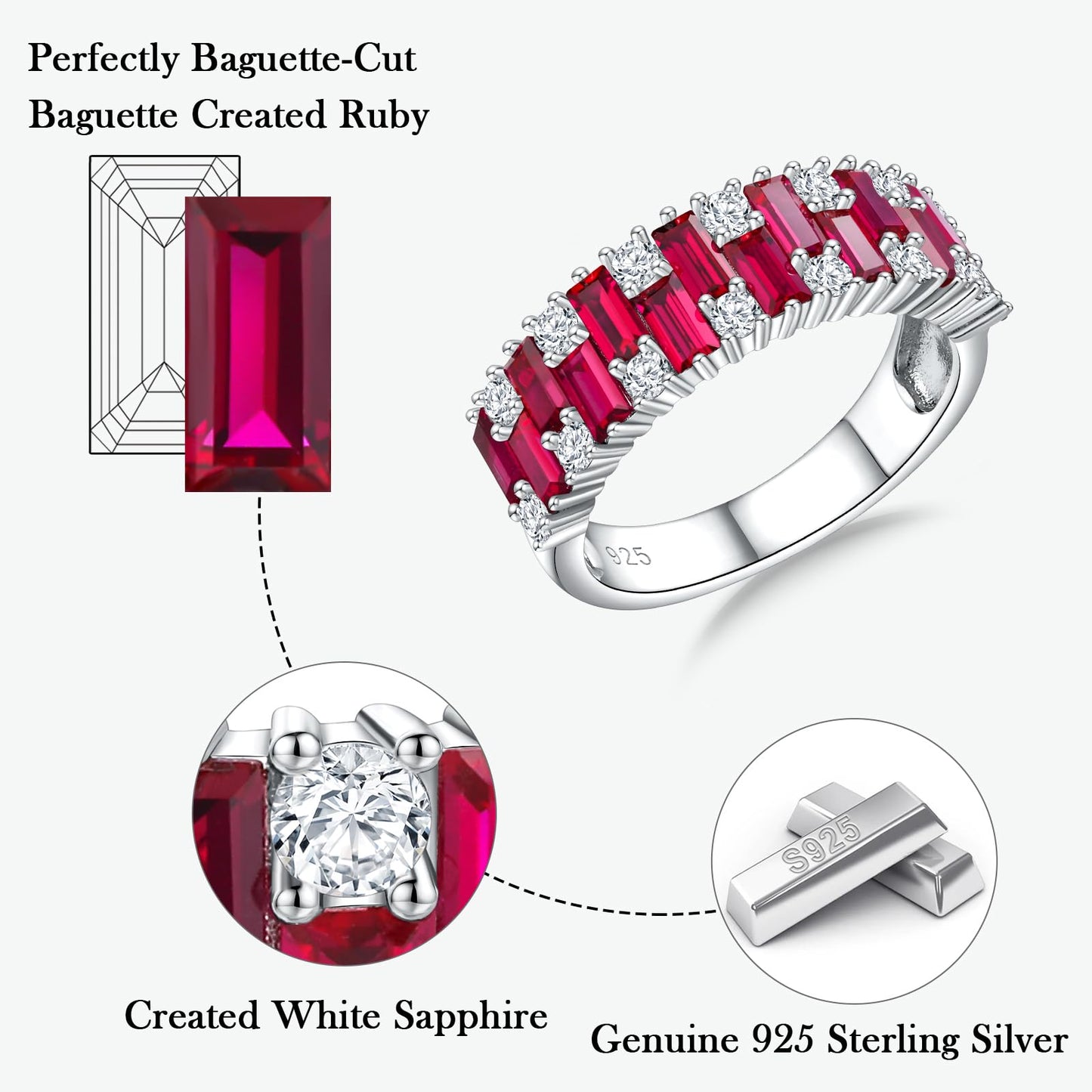 RANDES Cubic Zirconia Wedding Bands 925 Sterling Silver Ruby Rings for Women Emerald Cut Eternity Band Engagement Anniversary Ring Size 7