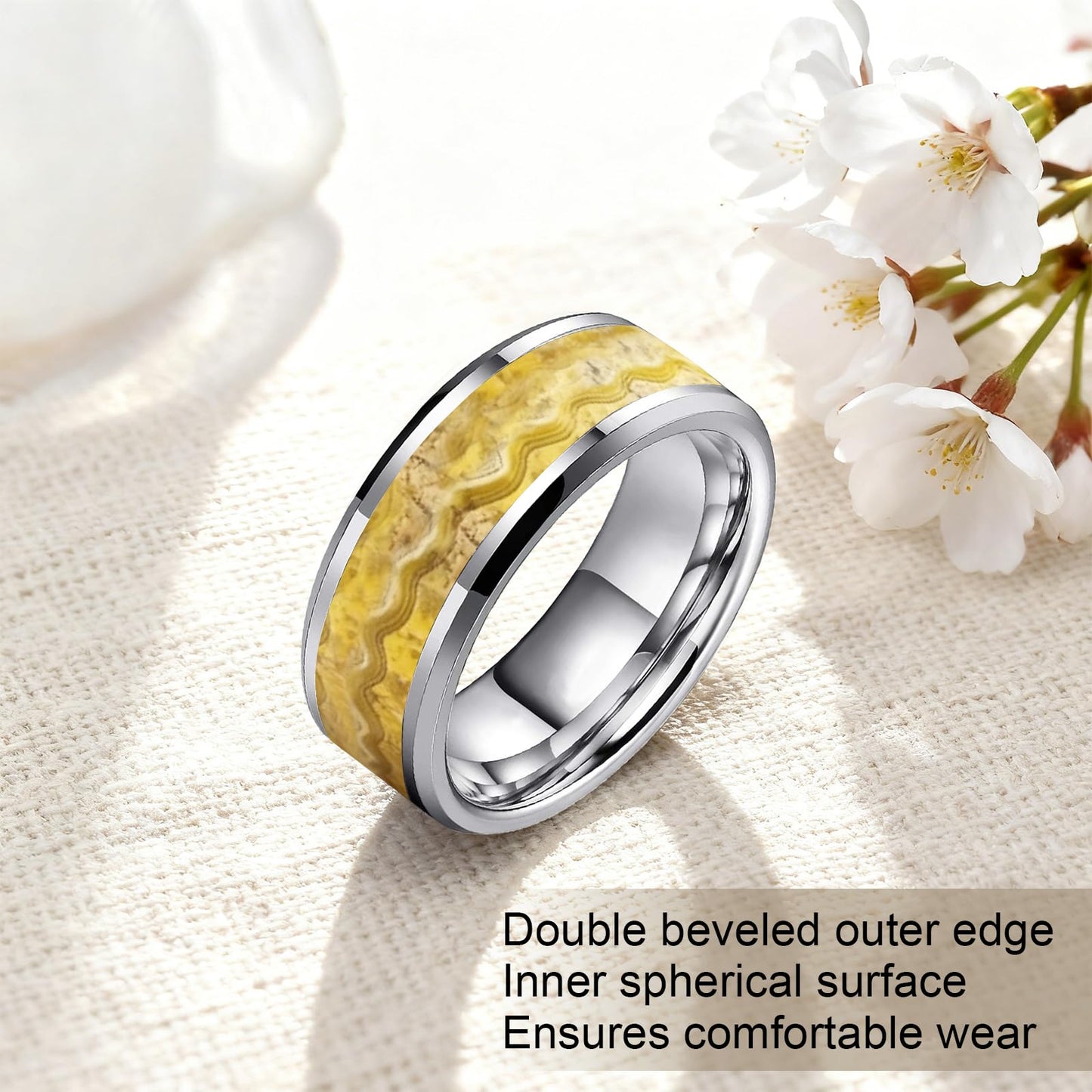 HJIMMNHONG New Carbon Fiber Fashion Rings Double Beveled Edge Delicate Polished Simple Stainless Steel Mens and Women Rings,8mm,Size Available (Flowing-sand Gold, 9)