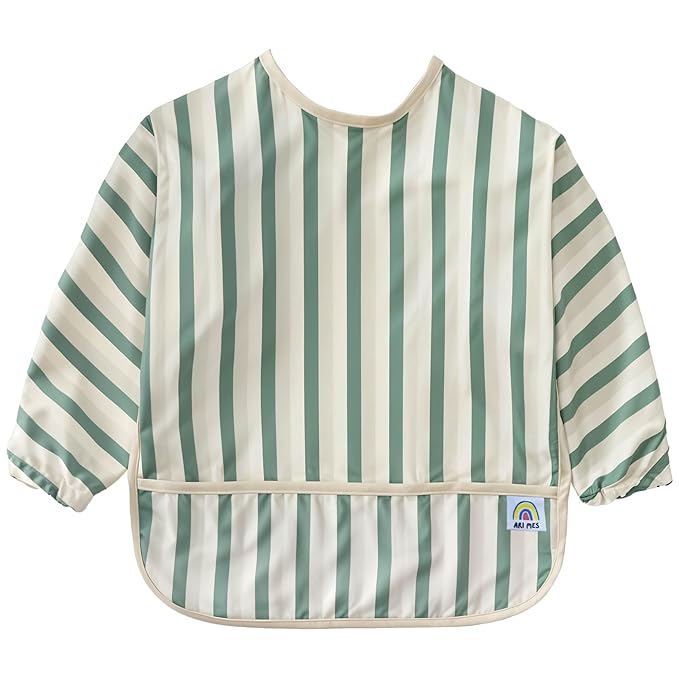 ARI MES Long Sleeves Waterproof Baby Bibs for Eating - Green Stripes, Medium- Wearable, Coverall for Toddler, Long Sleeve Bib, Smock Apron for Feeding - Applicable for 6-72 Months