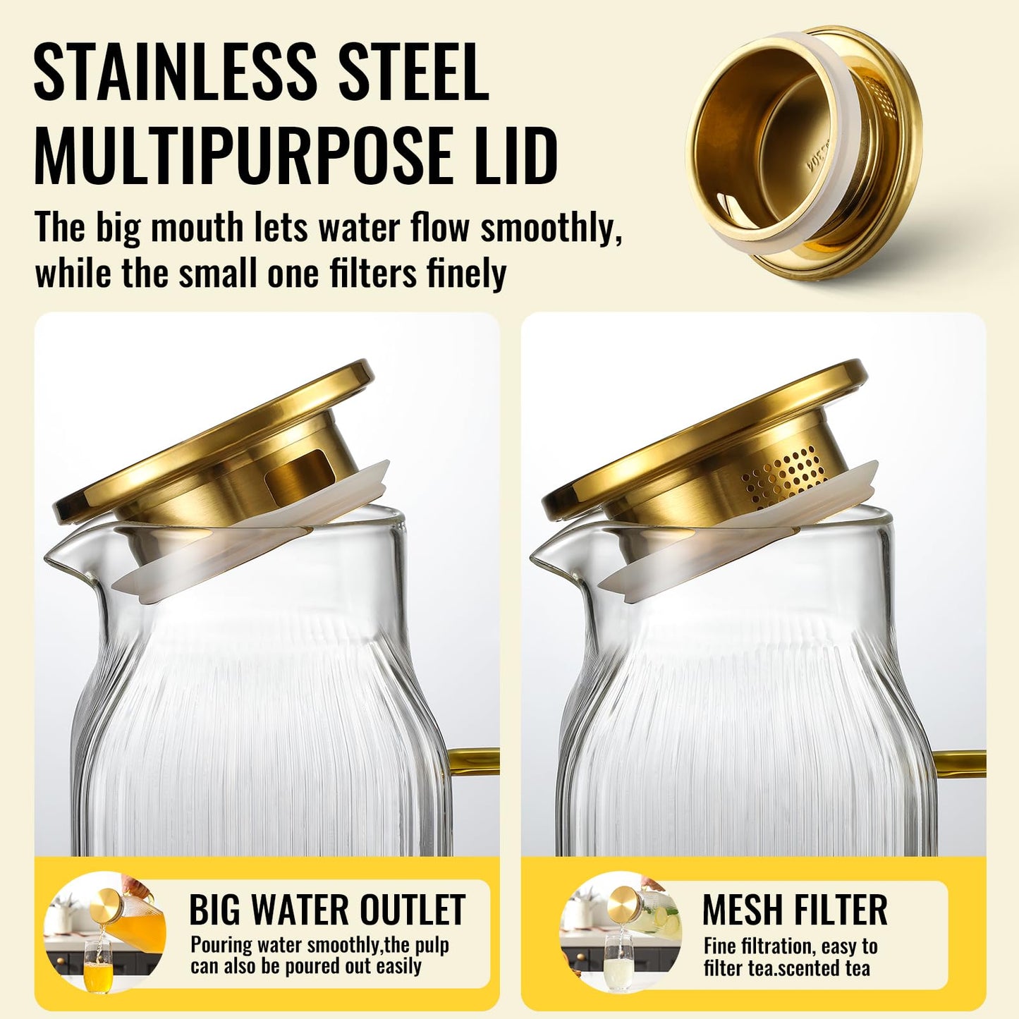 4 Pack 2 Liter/68 oz Square Glass Pitcher with Lid, Classic Stripes Water Pitchers with Handle for Fridge, Large Jug for Iced Tea, Coffee, Borosilicate Glass Carafe for Hot/Cold Brew Drink, Gold