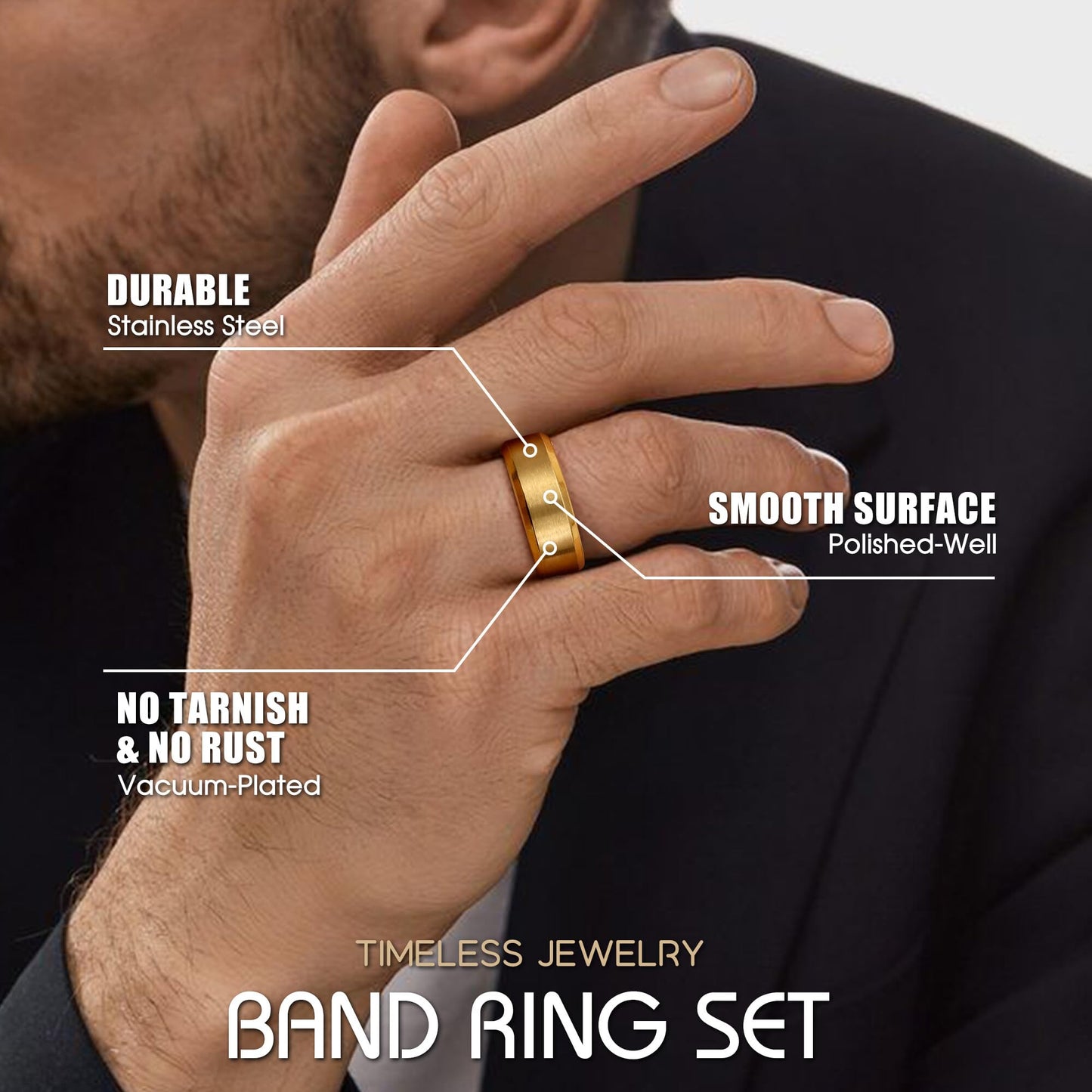 Jstyle Stainless Steel Rings for Men Women 8MM Wedding Band Rings Matte Surface - Beveled Polished Edge Mens Ring Size 6 18K Gold Plated Ring for Men
