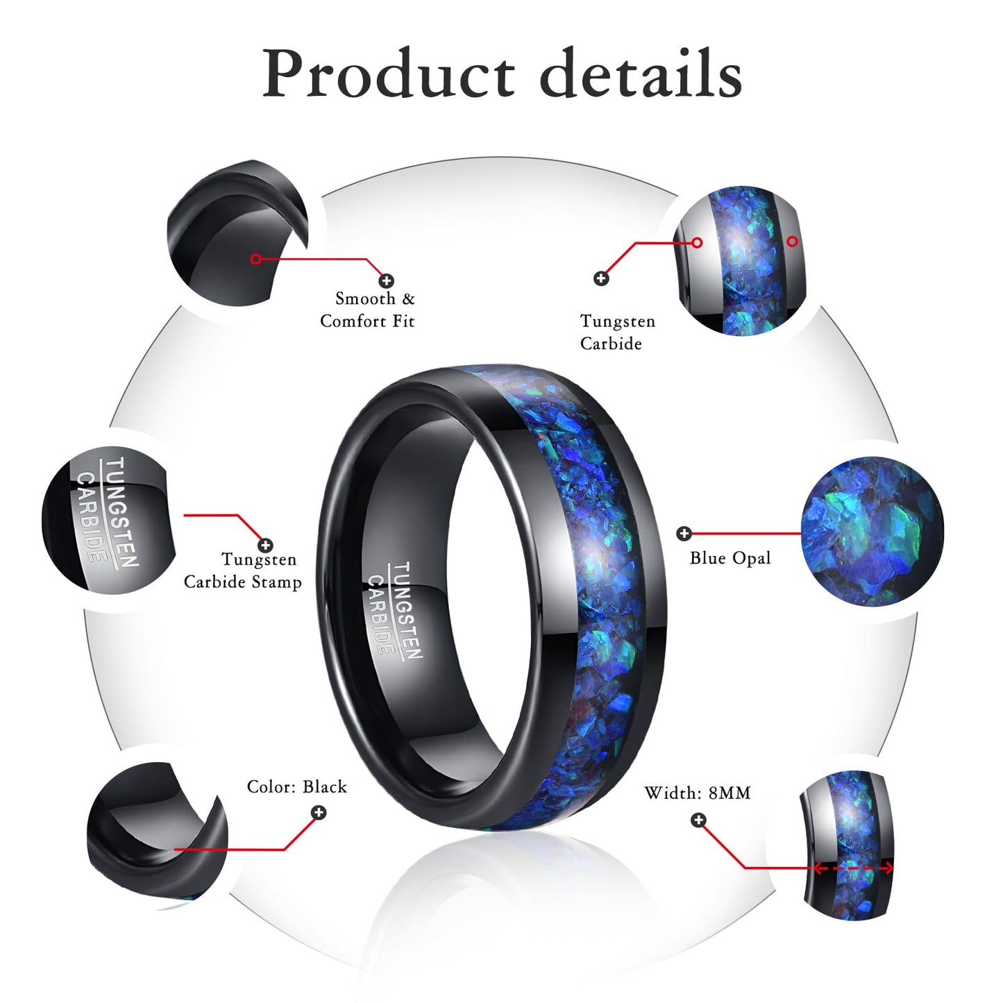 NUNCAD Mens Wedding Ring Tungsten Blue Opal Inlaid Men Black Ring Wedding Band Dome Polished Finish 8mm Comfort Fit Sizes 7