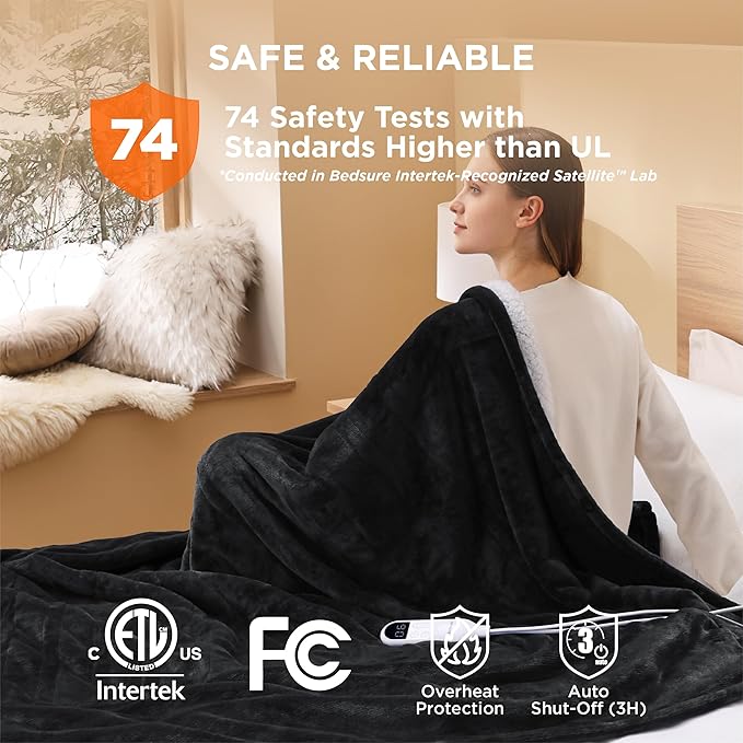 Bedsure Electric Blanket Twin - Soft Flannel Heated Blanket, Fast Heating with 10 Time Settings & 6 Heat Settings, Warm Gift for Grandma (62x84 inches, Black)