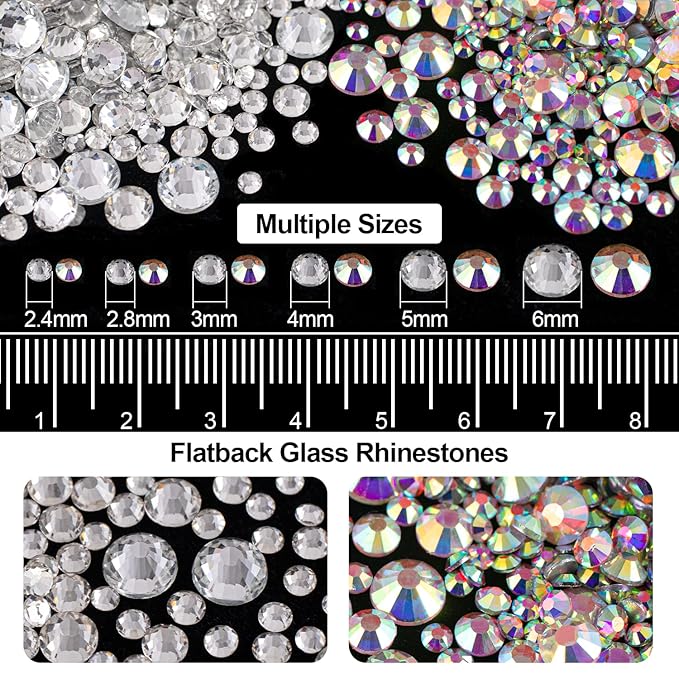 4000PCS Flatback Rhinestones and Half Round Pearls Kit #3, Multi Size Glass Clear & AB Crystals, Plastic Flat Back Beige AB Dome Bead with Pickup Pencil and Tweezer for Nail Art