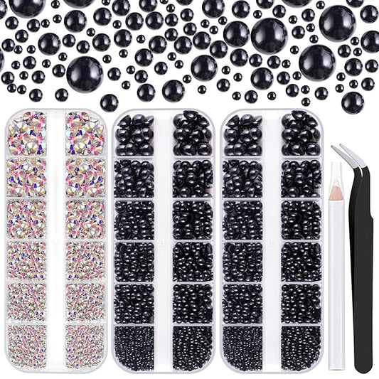 4000PCS Flatback Rhinestones and Half Round Pearls Kit #42, Multi Size Glass AB Crystals, Plastic Flat Back Black Dome Bead with Pickup Pencil and Tweezer for Nail Art