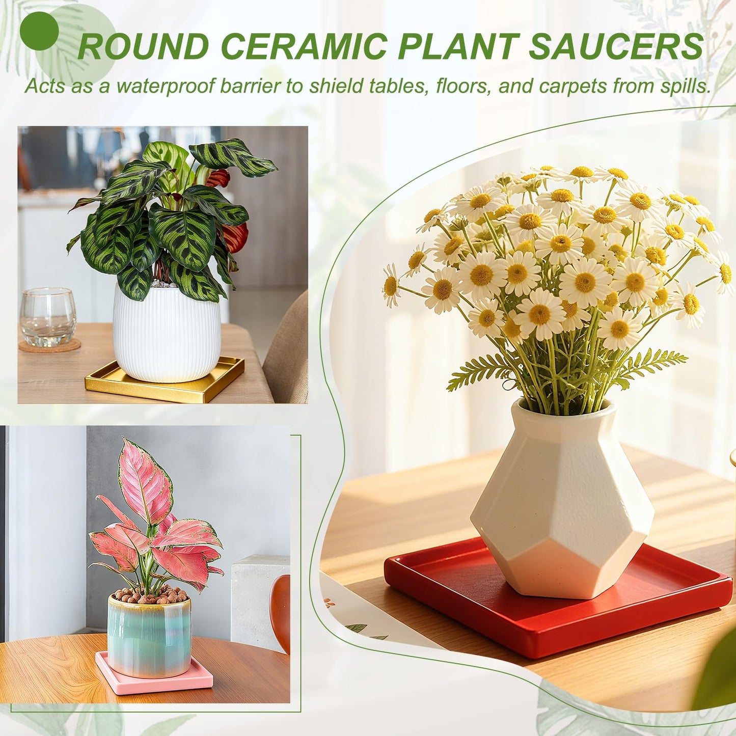 YELARXI 7.5 Inch Ceramic Plant Saucers, Square Flower Planter Water Trays Ceramic Plant Saucer Pot Tray -Fitting for (Outdoor/Indoors/Garden/Planting/Water/Flower/Coffee) Light Gray
