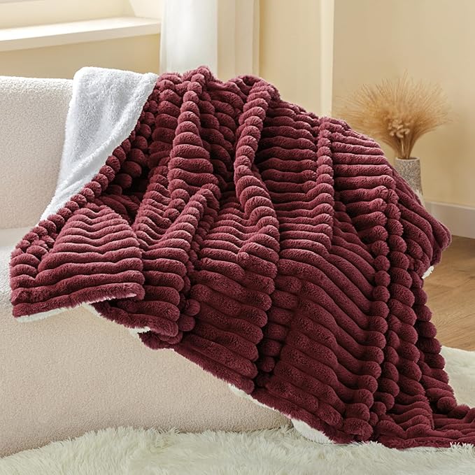 INFIIXSO Sherpa Throw Blanket for Couch - Super Soft & Warm Striped Fleece Blanket, Cozy Plush Fluffy Blanket All Season Use (Burgundy, 50x60 Inches)