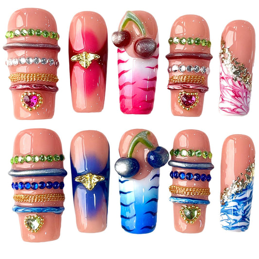3D Cherry Handcrafted Press On Nails, Long/Medium Square, Gradient & Marble Accents, Reusable Acrylic False Nails, Duo-Tone (L)