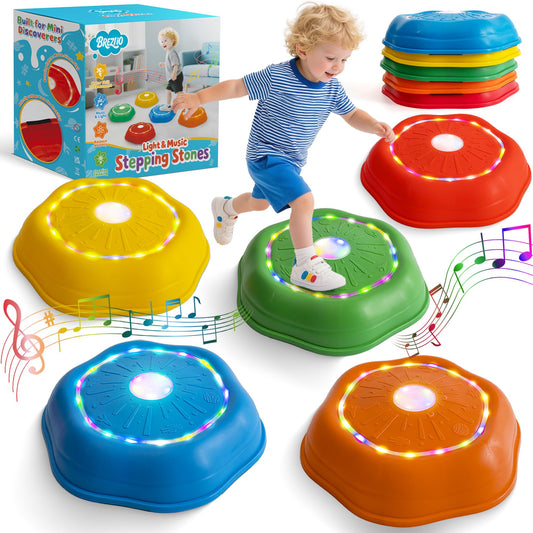Brezlio Musical Stepping Stones for Kids - 7 Piano & Drum Tones, Flashing Colorful Lights for Toddler Balance & Sensory Development | Indoor/Outdoor Play Equipment for Ages 3-5