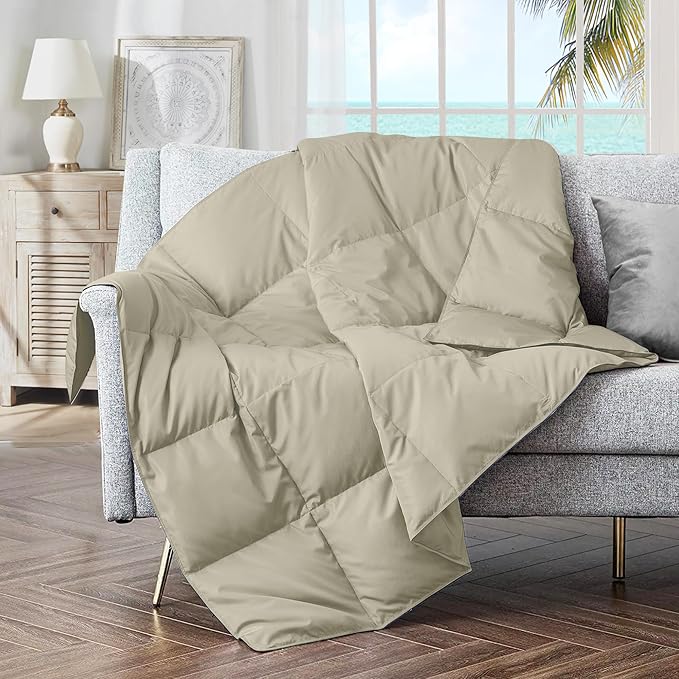puredown® Soft Feather Down Throw Blanket Lightweight Packable Couch Throw for Indoor and Outdoor Use, 50"X70", Beige